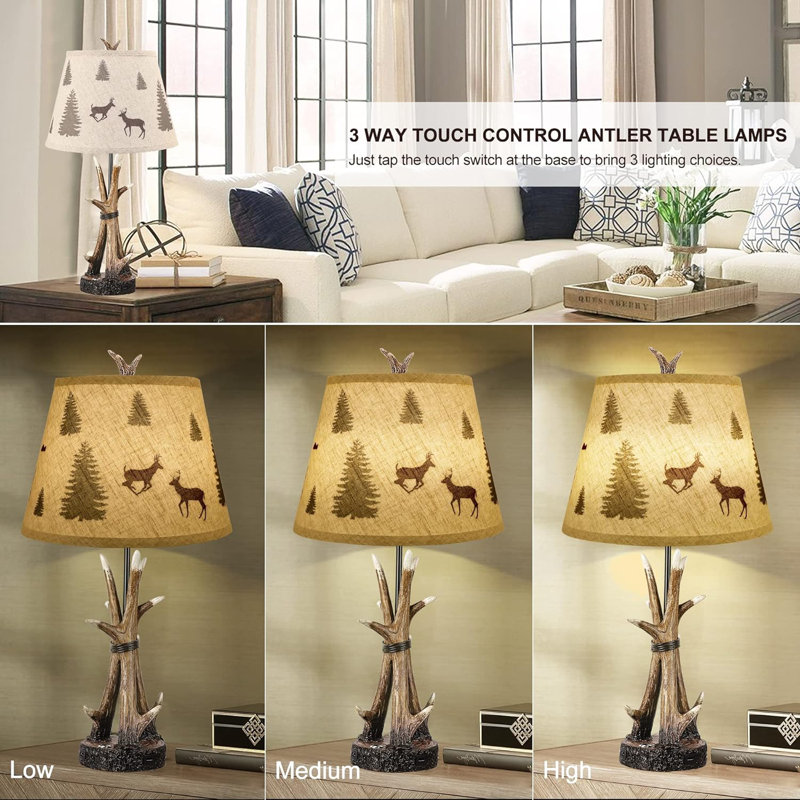 Farmhouse Deer Antler Table Lamps for Living Room Set of 2 3 Way Dimmable Touch Rustic Bedside Lamp for Bedroom Western Resin Nightstand Lamps with